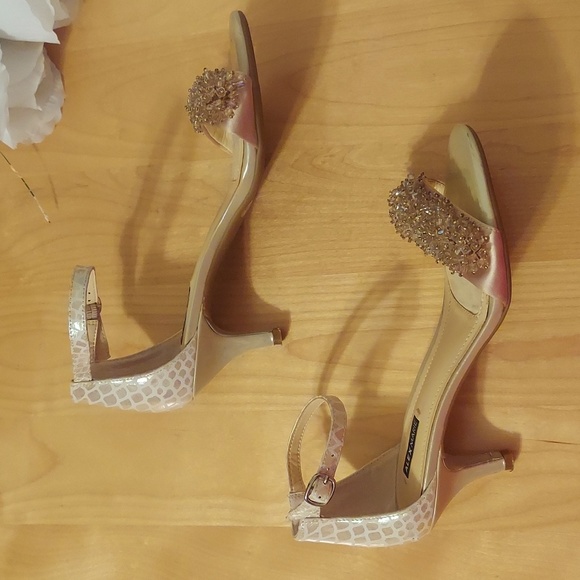 Alex Marie Champagne Beaded Animal Print Leather Ankle Strap Heels Size 6.5 - Picture 6 of 16